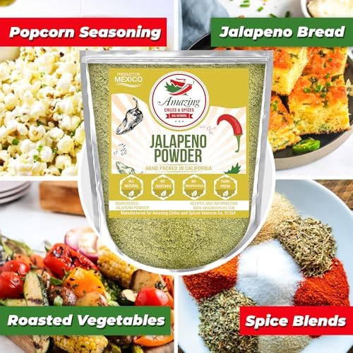Jalapeno Powder Seasoning 8oz – Natural and Premium. Great For Chili, Salsa, Spice Blends, Stews, Tacos, Corn Bread. Medium to High Heat - fruity, spicy hot flavor. By Amazing Chiles & Spices.