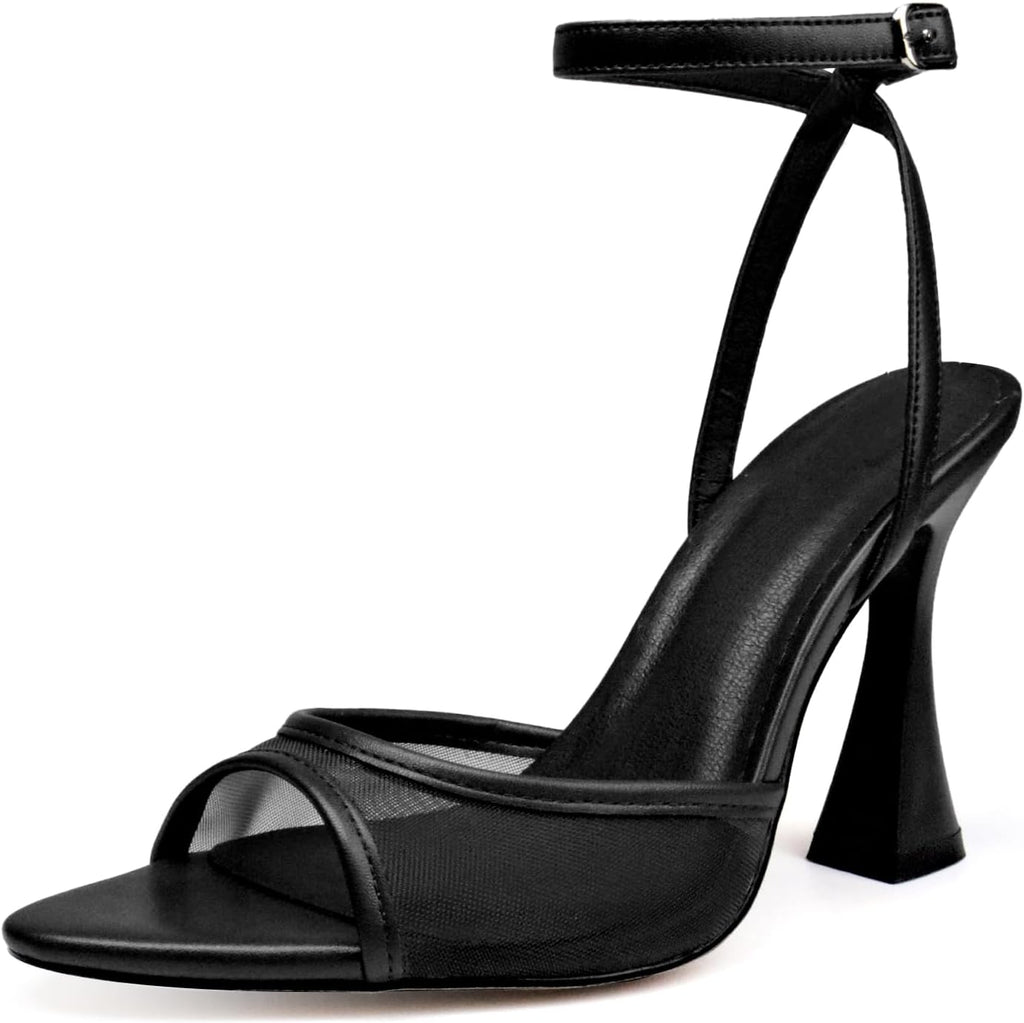 High Heels Pointed Open Toe for Women Chunky Heels Ankle Strap Strappy Kitten Block Heeled Sandals Dress and Party Wedding Shoes-Glossy Black-9.5