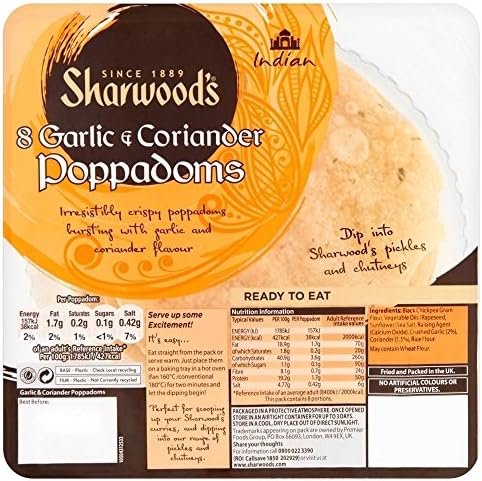 Sharwood's Garlic & Coriander Poppodums (8) - Pack of 6