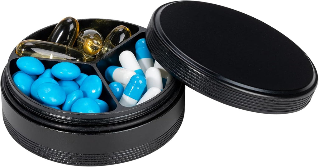 Metal Pill Case 3 Compartment - Waterproof Pocket Purse Pill Box Aluminium Travel Pill Container Medicine Organizer Portable Daily Pill Holder for Vitamins Medication Fish Oils
