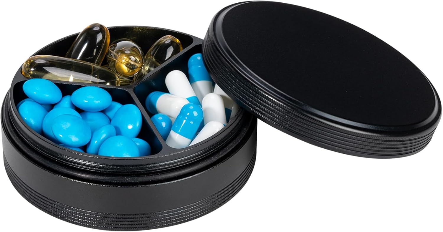 Metal Pill Case 3 Compartment - Waterproof Pocket Purse Pill Box Aluminium Travel Pill Container Medicine Organizer Portable Daily Pill Holder for Vitamins Medication Fish Oils