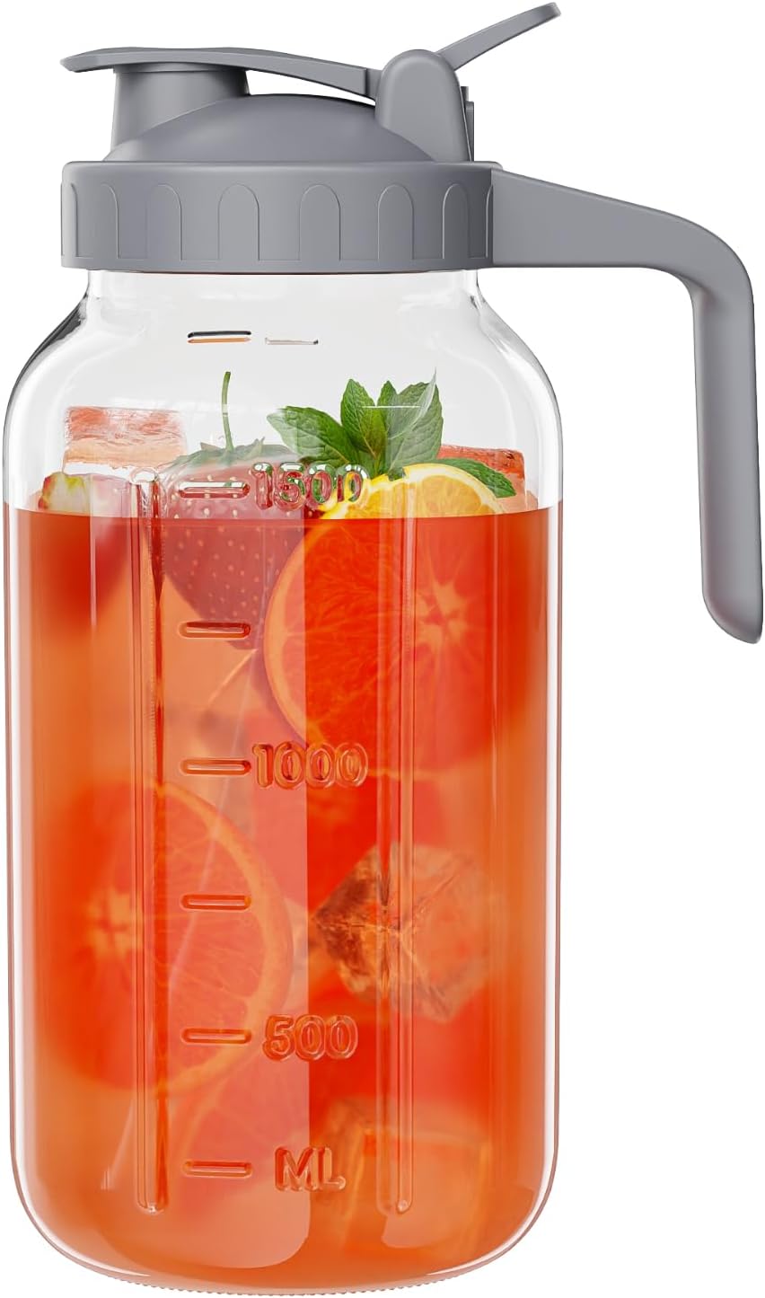 Glass Mason Jar Pitcher, 64 oz Wide Mouth Jug with Pour Spout Handle Lid for Cold Brew Coffee, Ice Beverage, Iced Juice, Lemonade, Sun Tea, Fruit Drinks Container(Gray)