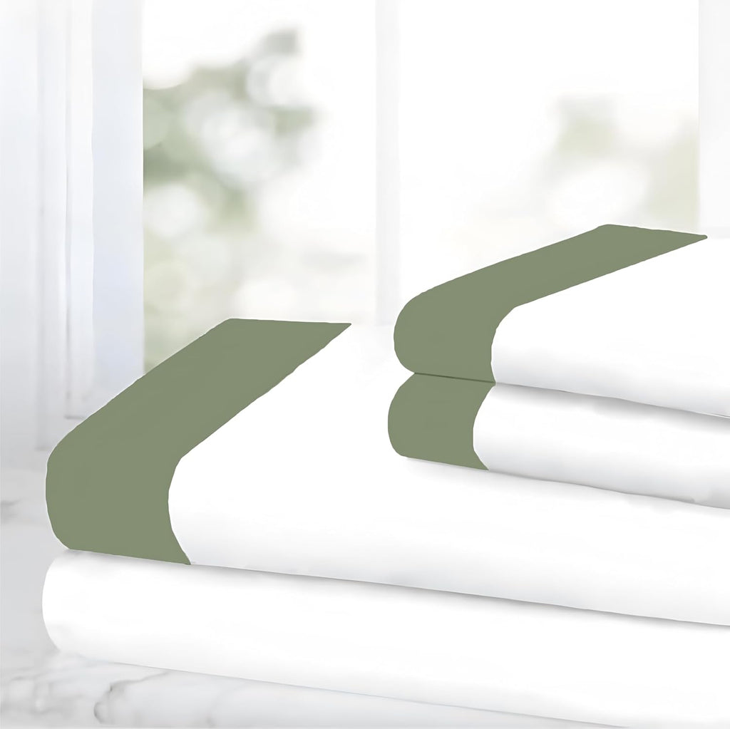 SGI bedding Hudson Hotel Collection 4 Piece Egyptian Cotton Sheets RV King Size - 600 Thread Count, 15" Deep Pocket, Soft and Premium Cotton, Elegant 4" Moss Hem on White Sheet -White/Moss