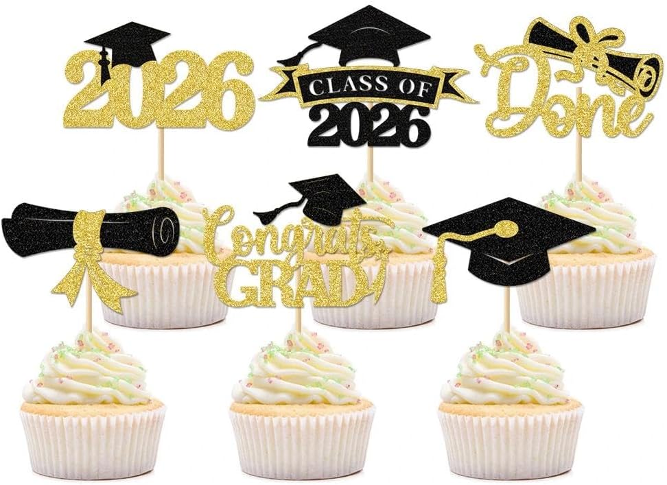 2026 Graduation Mini Cake Toppers, Glitter Grad Cap Top Hat Decorations, 12-Pcs Cupcake Picks, Paper Cup Dessert Decor, Graduation Party Supplies for High School College Doctoral Grad Celebration