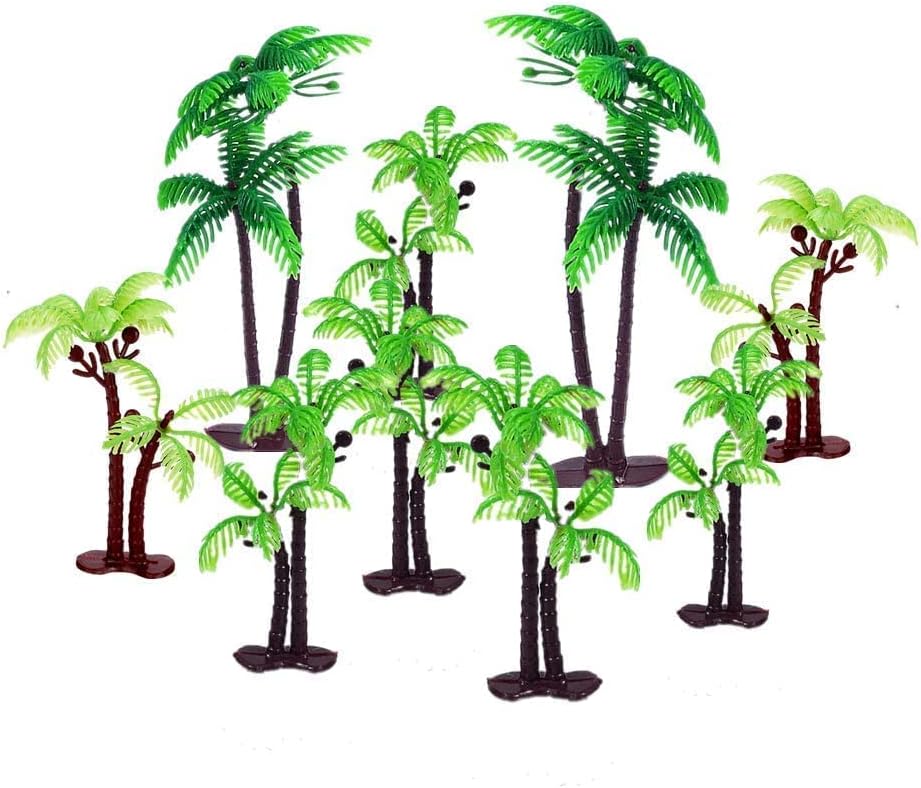 12Pieces 3.15-inch and 5.5-inch Green Palm Tree Cake Topper Decorated with Coconut Cake Topper Cake Decoration or Model, Sand Table Decoration.