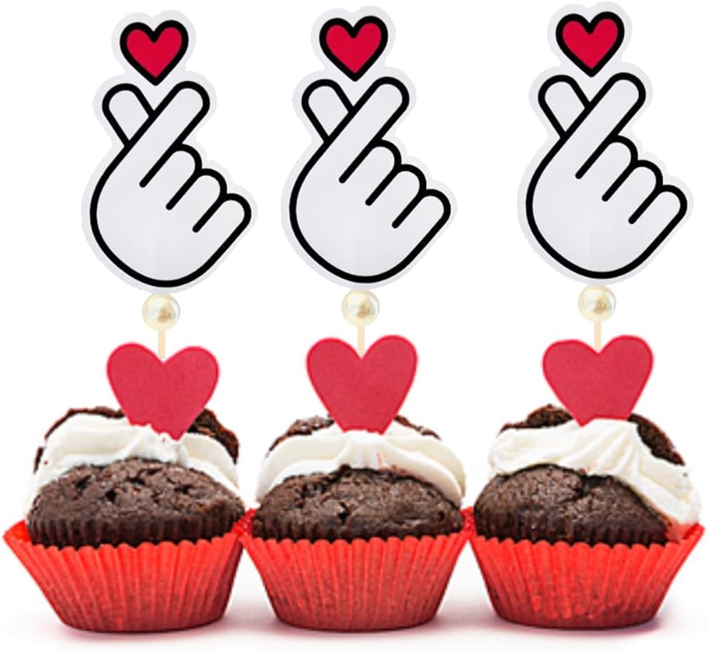 Set of 12 Korean Finger Heart Cupcake topper K-pop Finger Heart Saranghae Topper Heart Hands Cupcake topper Korean I Love You Topper 사랑해