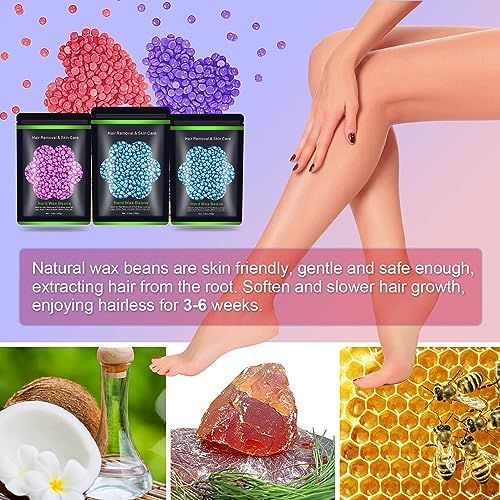 Wax Beads for Hair Removal 10.5oz (300g), Auperwel Hard Wax Beads Beans for Sensitive Skin Brazilian Waxing, Face, Bikini, Eyebrow, Legs, Painless for Women Men, 3 packs Kit with 10 Sticks