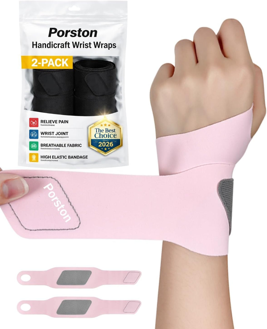 2-Pack Handicraft Wrist Wraps,Adjustable Premium Wrist Brace for Women&Men,Elastic Compression Sleeves Support Strap with Thumb Loop,Working Golf Protector Soft Ace Yoga,Arthritis-Right&left(Pink)