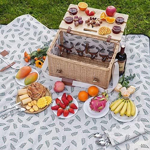 WILLOW WEAVE Picnic Basket with Table, Wine Picnic Basket Set 4, Wicker Picnic Basket for 4, Willow Hamper Service Gift Set with Blanket & Portable Wine Snack Table for Camping and Outdoor Party