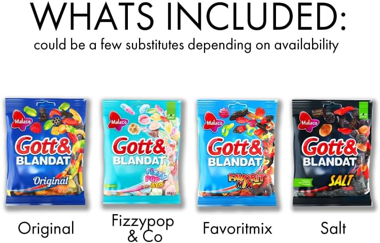 Malaco Gott & Blandat Gummy Licorice Set 4 Flavor packs - Chewy - Salmiakki - Gummy Candies - Sweets Candy Box -Sweden in a SOPOSOPO Box (Total of 4 items) SÖPÖSÖPÖ