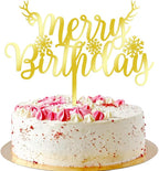 Merry Birthday Cake Topper,Gold Acrylic Xmas Birthday Cake Decorations, for Winter, Happy New Year snowflake Party, Christmas deer Theme Party Cake Decorations