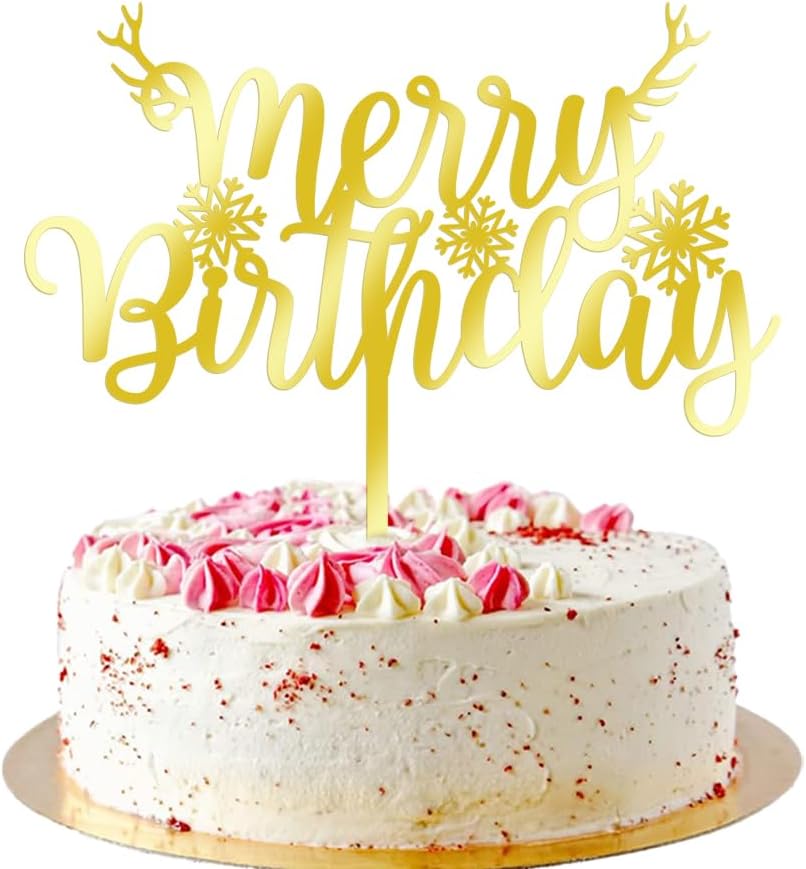 Merry Birthday Cake Topper,Gold Acrylic Xmas Birthday Cake Decorations, for Winter, Happy New Year snowflake Party, Christmas deer Theme Party Cake Decorations