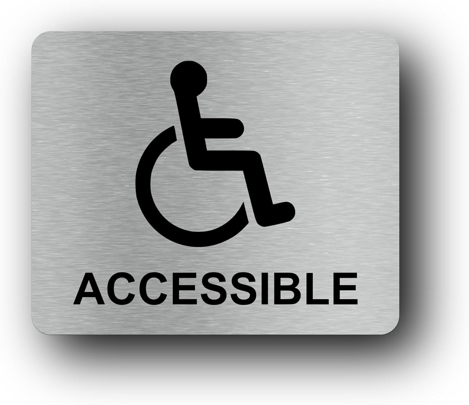 Wheelchair Accessible, Disability, Handicap, Disabled Sign. Silver Adhesive Sticker Notice. Metallic Silver Engraved Black with Universal Icon Symbol and Text (Small Size: 5 inches x 4 inches)