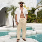 Men's Cotton Linen Pants Casual Summer Beach Pants Loose Fit with Elastic Waist Drawstring Yoga Trousers Slacks