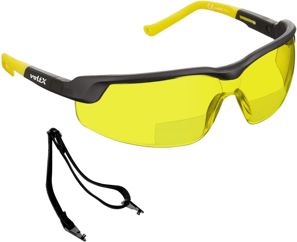 voltX GT ADJUSTABLE Bifocal Reading Safety Glasses (YELLOW Lens +2.5), ANSI Z87.1+ & CE EN166FT, Anti fog coated, UV400 Lens, Tilt & length adjustable earstems, clip on safety cord