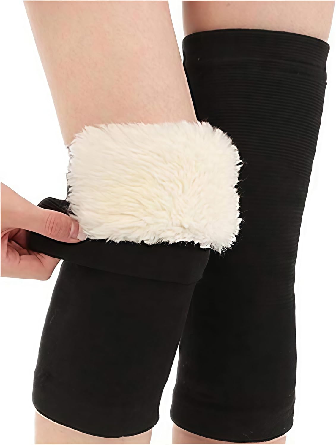QUUPY 1 Pair Unisex Thicken and Lengthen Knee Pads Winter Warmth and Velvet Knee Pads Thermal Knee Joint Brace Pad Leg Warmer Sleeves Knee Support for Women Men Cold Weather (Black, XL Size)