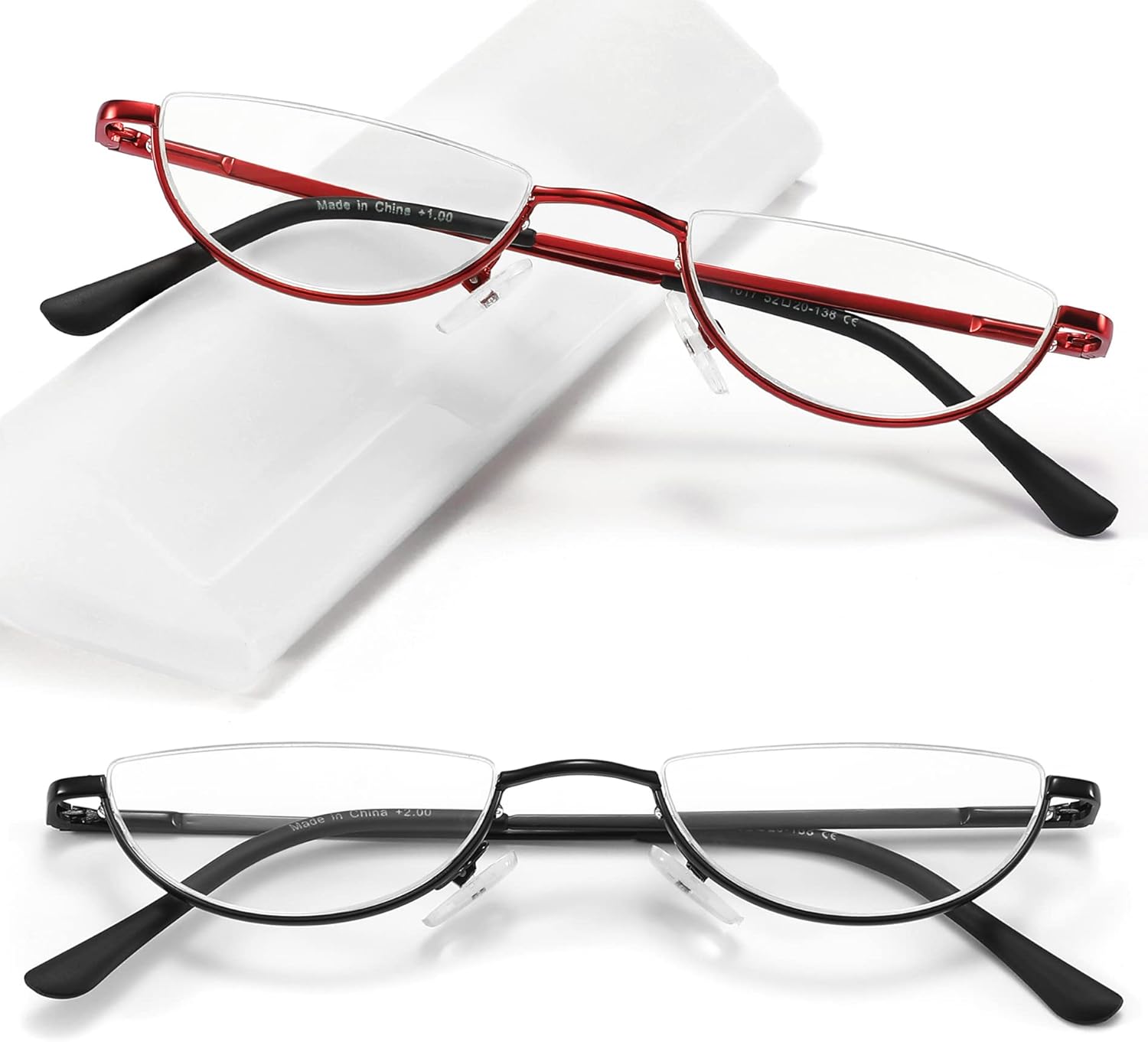 2 Pack Half Lens Reading Glasses Blue Light Blocking, Half Moon Frame Semi Rim Spring Hinge Readers with Case for Men Women Black/Red +2.5