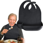 Adult Bibs for Men, Women - Silicone Adult Bibs for Elderly - Washable Bib with Crumb Catcher - Black, 2 Pack