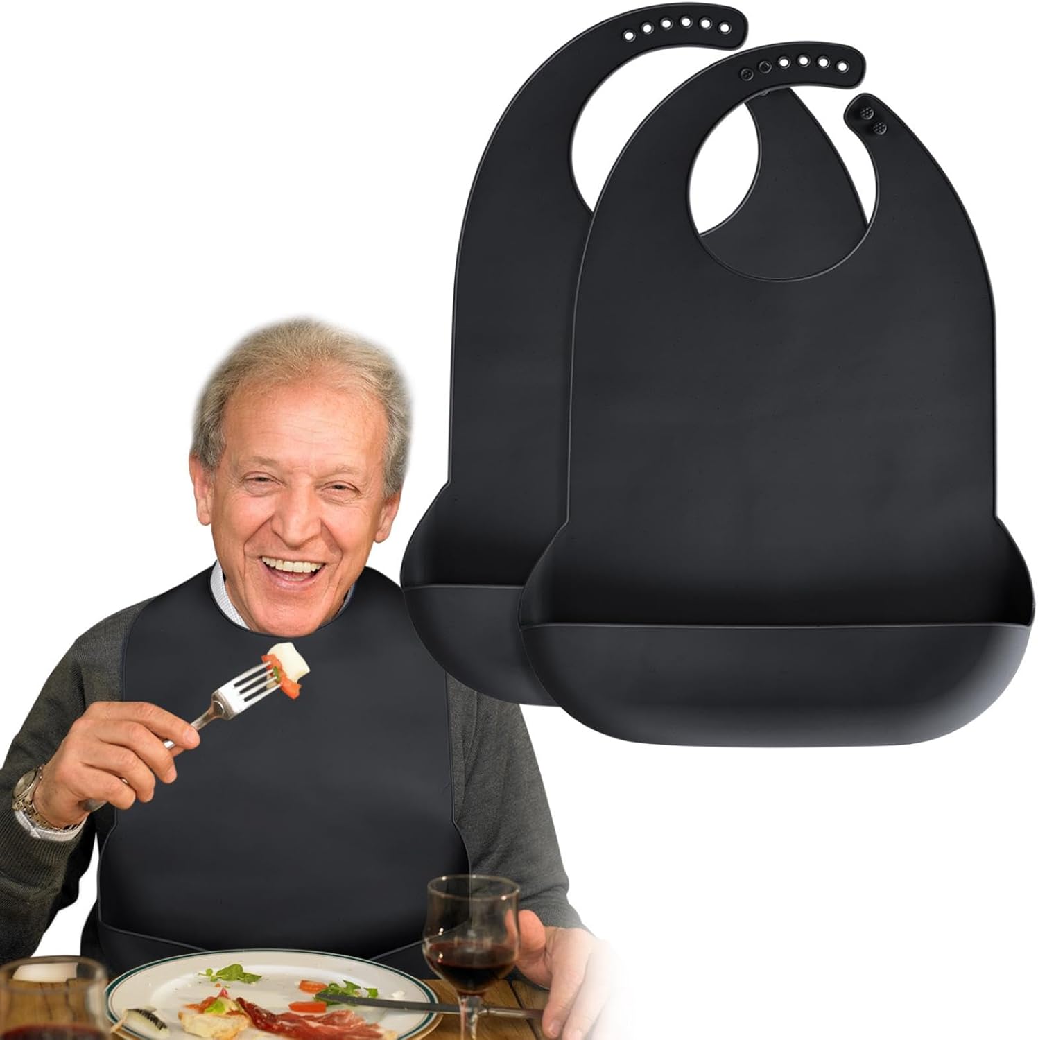 Adult Bibs for Men, Women - Silicone Adult Bibs for Elderly - Washable Bib with Crumb Catcher - Black, 2 Pack