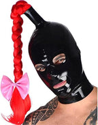 Black Latex Hood with Red Ponytail Wig Back Zipper Rubber Mask,X-Large