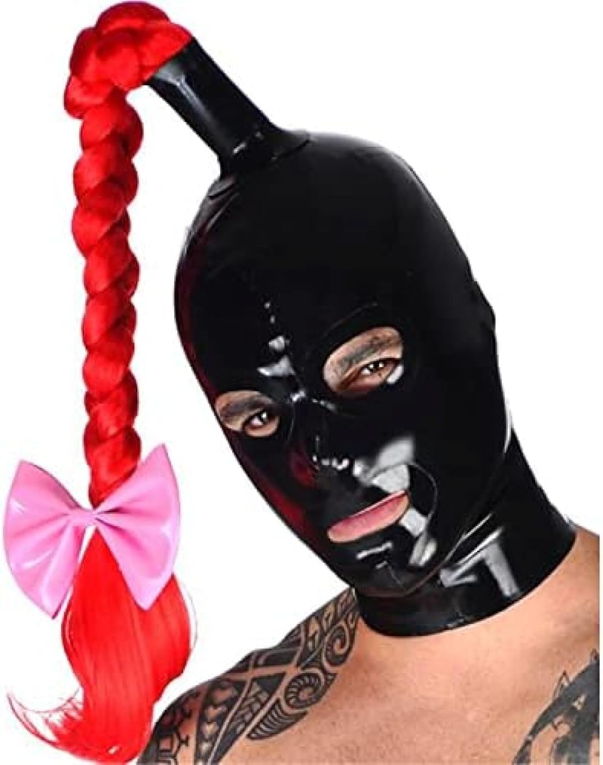 Black Latex Hood with Red Ponytail Wig Back Zipper Rubber Mask,X-Large