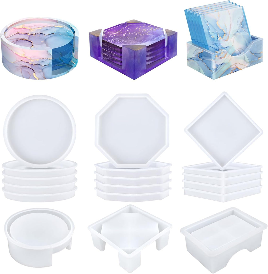 KISREL 18 Pieces Thicken Resin Coaster Molds, Upgrade Coaster Molds for Epoxy Resin, Coaster Resin Mold with Storage Box Mold for DIY Art Craft Cup Mats