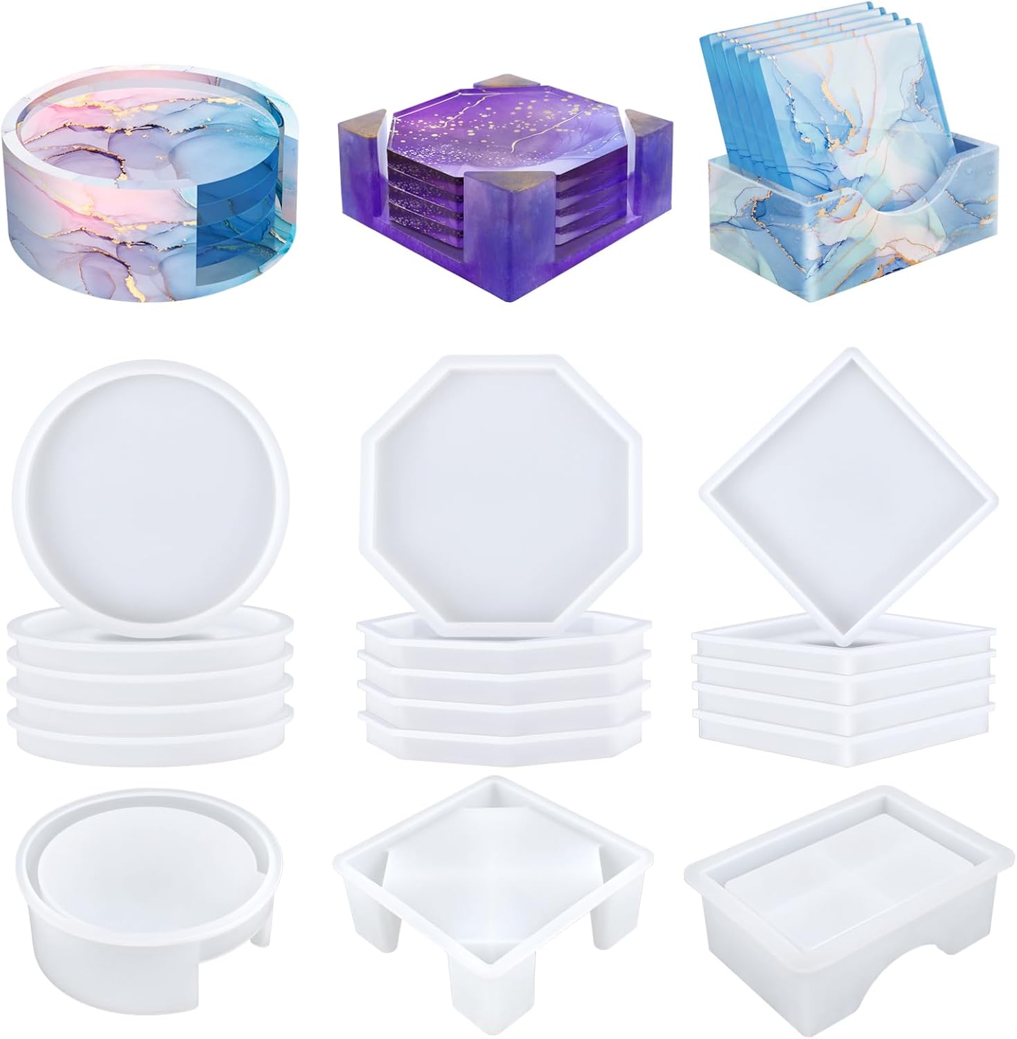 KISREL 18 Pieces Thicken Resin Coaster Molds, Upgrade Coaster Molds for Epoxy Resin, Coaster Resin Mold with Storage Box Mold for DIY Art Craft Cup Mats