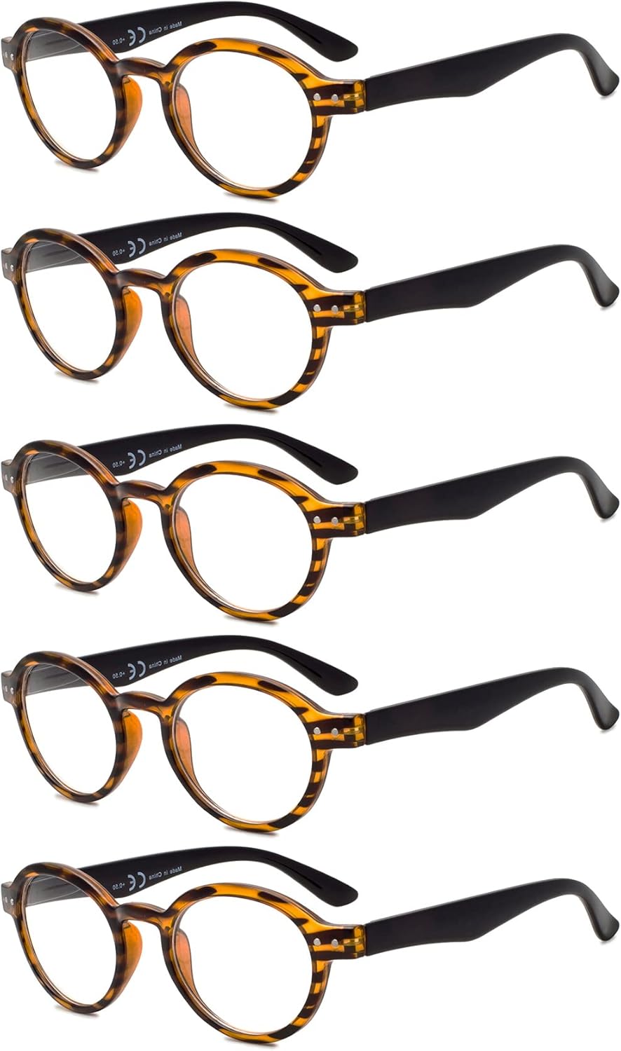 Eyekepper 5-pack Spring Hinges Round Retro Reader Reading Glasses Amber +3.00