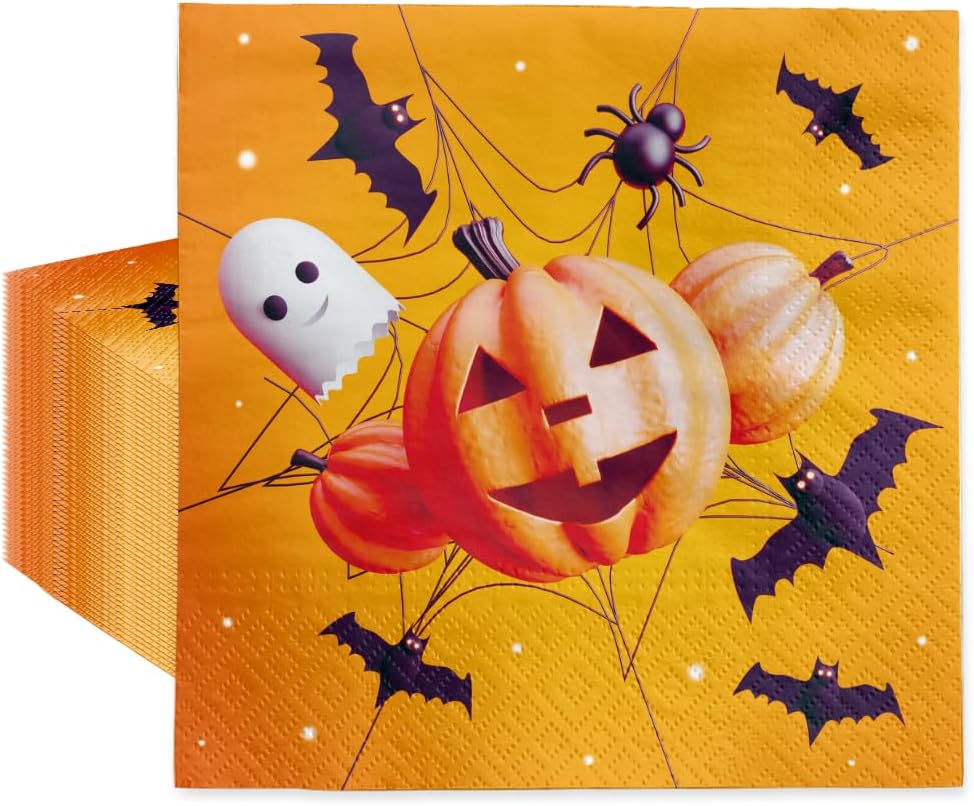 PAW - Luncheon Halloween Napkins 6,5'' x 6,5'', Disposable Paper Napkins with Pumpkin and Spiders, Lunch Napkins for Halloween Parties, Kids Parties, Decoupage, Tableware Party Supplies, 50 Count