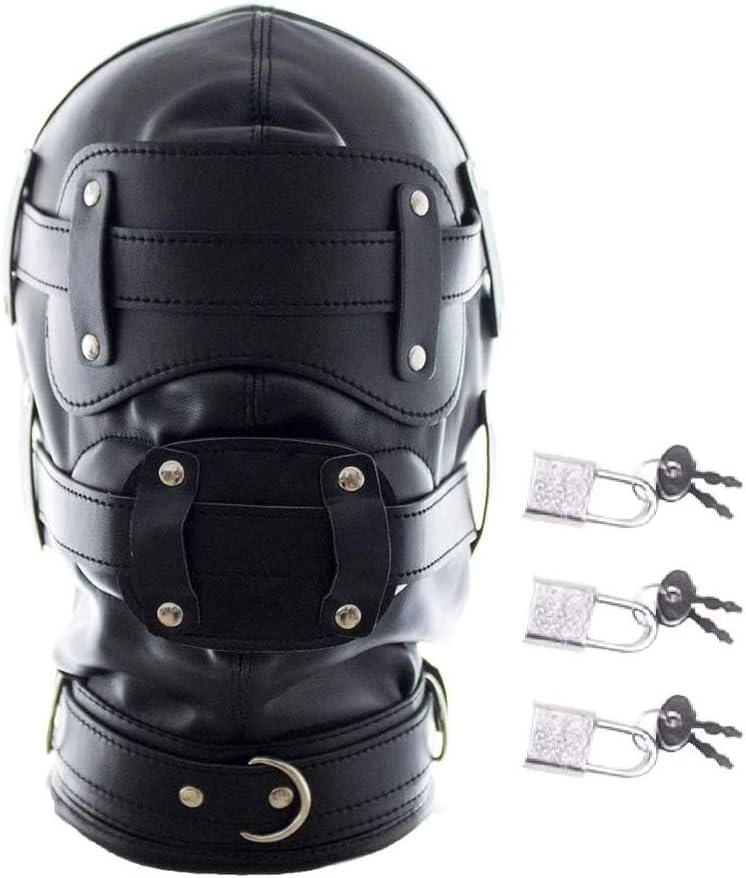 FST Black Leather Bondage Mask Hood,Full Face Blinder Detachable Cover Eye Dildo Mouth Gag Head Hood, for Unisex Adult Play
