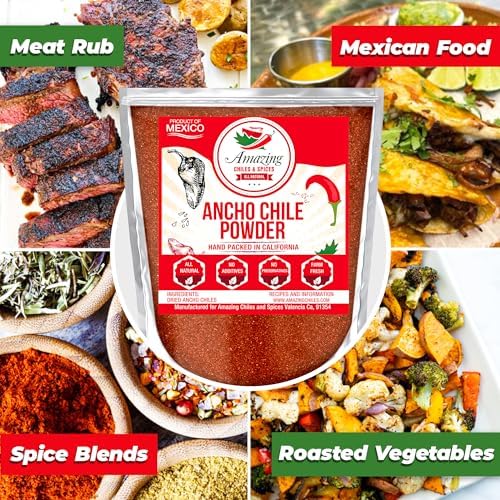 Ancho Chile Pepper Powder Ground (4oz) – Natural and Premium. Great For Recipes Like Mexican Mole, Sauces, Stews, Salsa, Meats, Enchiladas. Mild to Medium Heat, Sweet & Smoky Flavor.