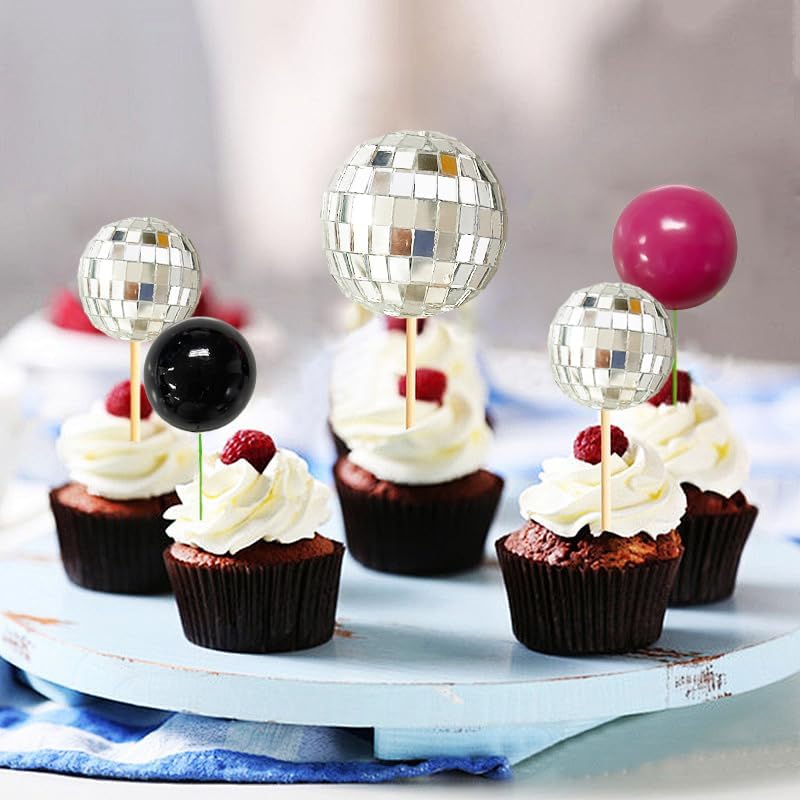 TSJ Hot Pink Disco Ball Cake Toppers Happy Birthday Cake Decorations Cupcake Toppers for Disco Theme Party Favors