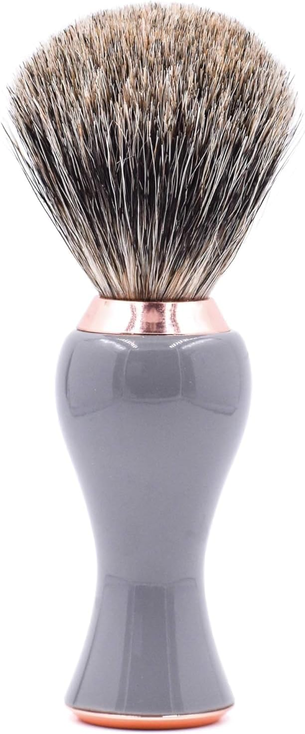 Parker 3-Band Pure Badger Shave Brush with Stand - Extra Dense Bristles - Deluxe Gray and Rose Gold Handle -Shaving Brush for Men & Women