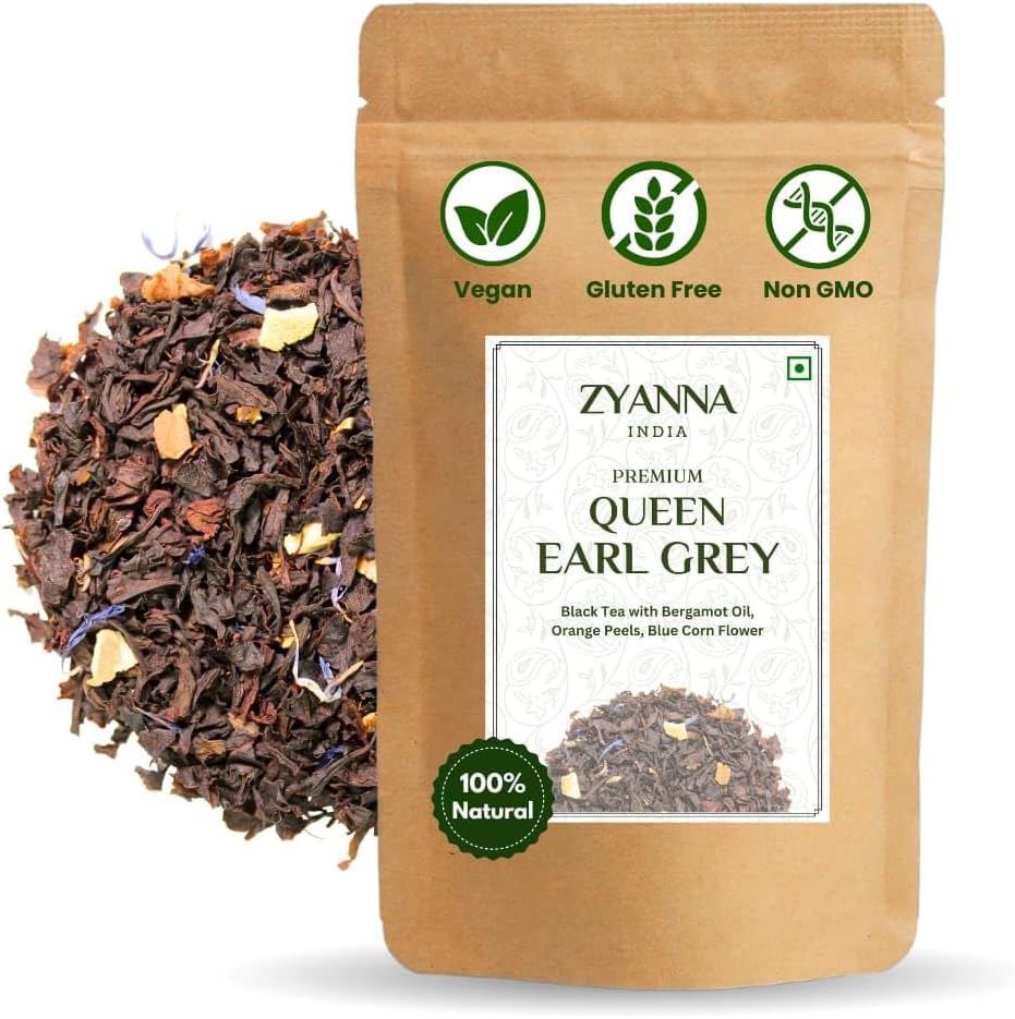 Zyanna Queen Earl Grey Tea - Premium Black Tea with Bergamot Oil, Orange Peels(3.53oz-100g-50 Cups) Loose Leaf - Natural Ingredients - Lemon Peel, Brew Hot or Iced, Natural Floral Citrus Flavor