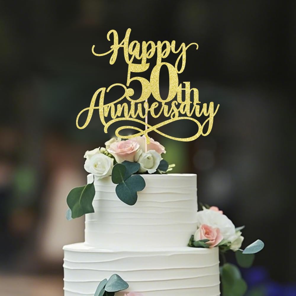 Gold Glitter Happy 50th Anniversary Cake Toppers - Wedding Anniversary Party, Company Anniversary Party, 50th Birthday Selected Decorations
