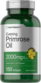 Horbäach Evening Primrose Oil Softgels | 2000 mg | 150 Pills | Cold Pressed, Hexane Free Supplement with GLA | Non-GMO, Gluten Free