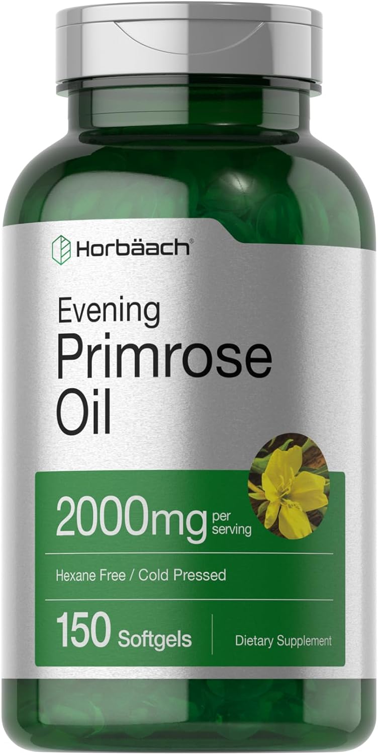 Horbäach Evening Primrose Oil Softgels | 2000 mg | 150 Pills | Cold Pressed, Hexane Free Supplement with GLA | Non-GMO, Gluten Free