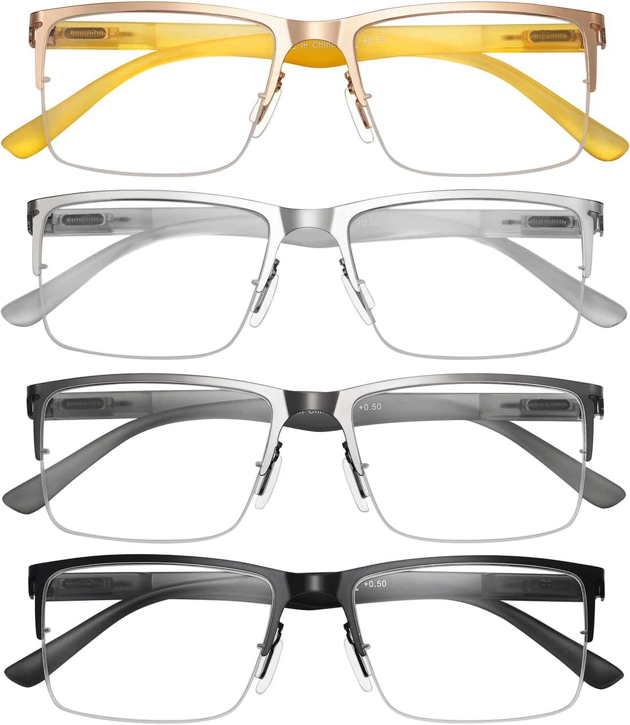 Eyekepper 4-pack Half-Rim Reading Glasses Lightweight Metal Rectangle Reader for Men