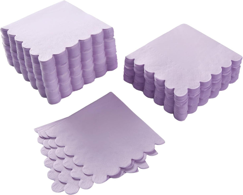 200 Pack Cocktail Napkin 2-Ply Scalloped Edged Dessert Napkins Folded 5 x 5 Inches Disposable Napkins for Dinner Wedding Birthday Party Bridal Anniversary Reception Event (Purple)