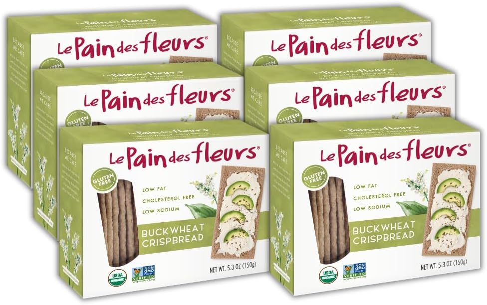 Le Pain Des Fleurs Organic Buckwheat Crispbread | Low Sodium, Low Fat, Vegan Crackers| 6 Pack of 5.3 oz Boxes