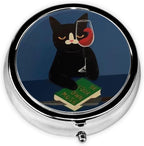 Metal Silver 3 Compartment Pill Box Pocket Portable Mini Travel Pill Case Small Round Decorative Medicine Box Vitamin Pill Organizer with Red Wine Black Cat