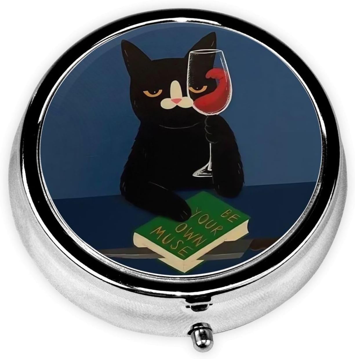 Metal Silver 3 Compartment Pill Box Pocket Portable Mini Travel Pill Case Small Round Decorative Medicine Box Vitamin Pill Organizer with Red Wine Black Cat