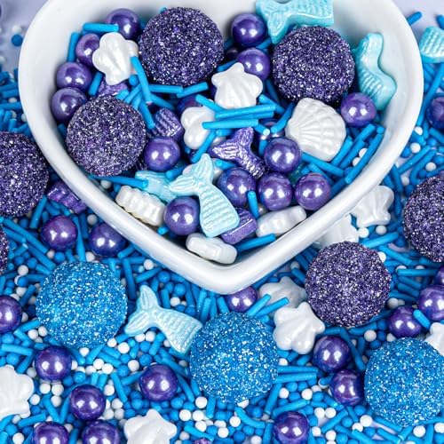 Twisweet Mermaid Sprinkles, Edible Purple Pearls for Cake Decorating, Mermaid Tail Candy Ball Seashell Mix Ocean Theme Sugar Sprinkles, Cupcake Topper Cookie Ice Cream Cake Decorations, Birthday Children's Summer Party Supplies (130g/4.58oz)