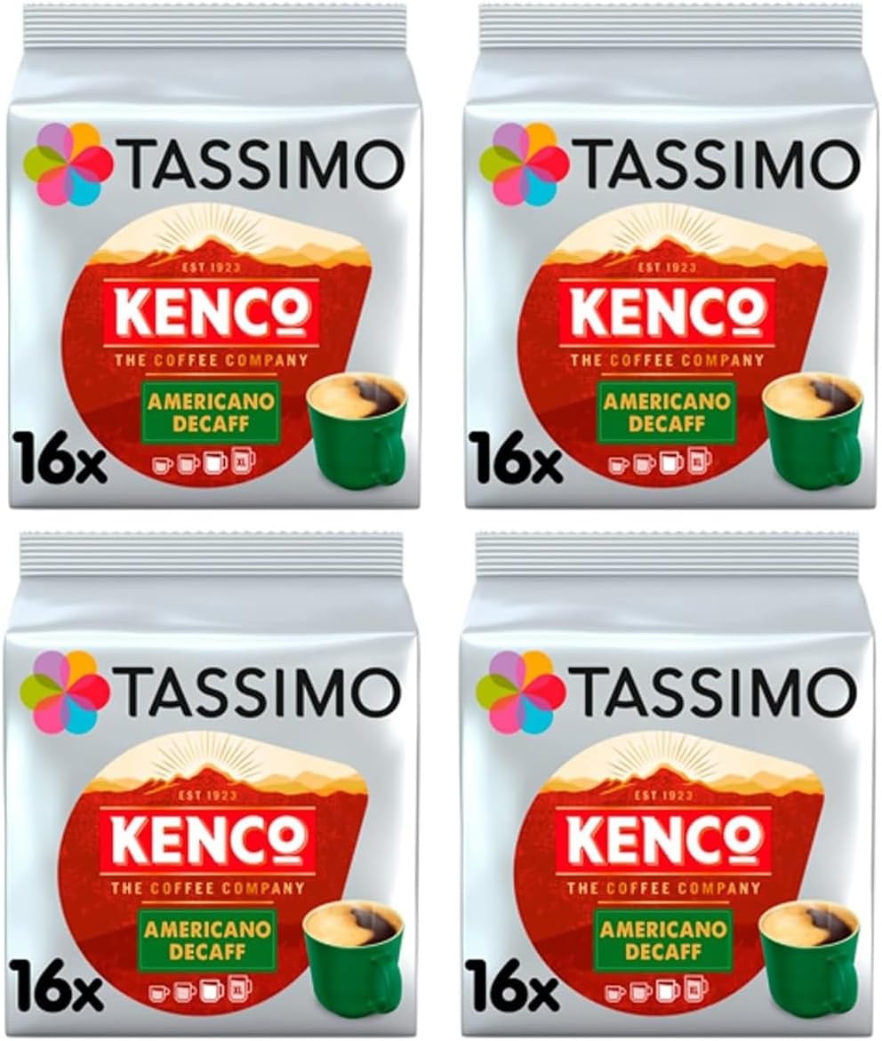 Tassimo Kenco Americano Decaf Coffee Pods (Pack of 4, Total 64 Decaffeinated Capsules)