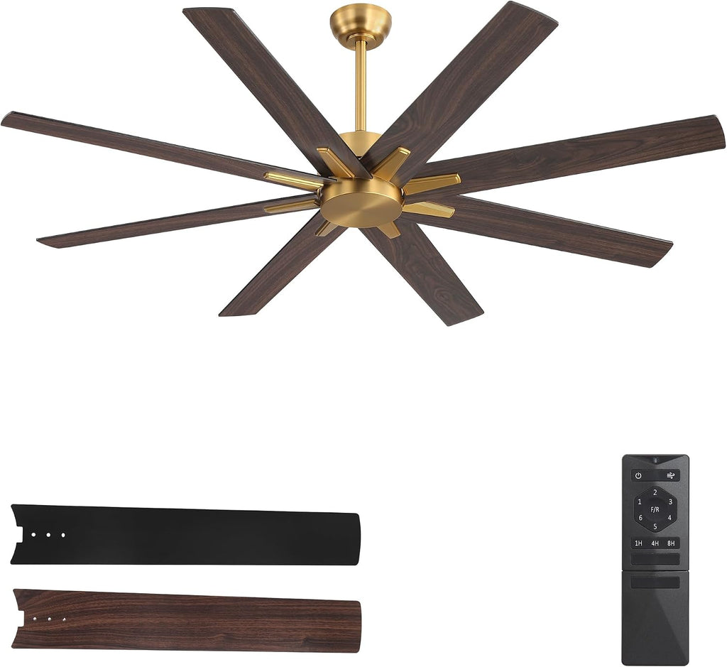 WINGBO 64 Inch Ceiling Fan without Light - 8 Plywood Blades, 6-Speed Reversible DC Motor, Noiseless Remote Control Ceiling Fan No Light for Bedroom Living Room Kitchen, Gold and Walnut/Black