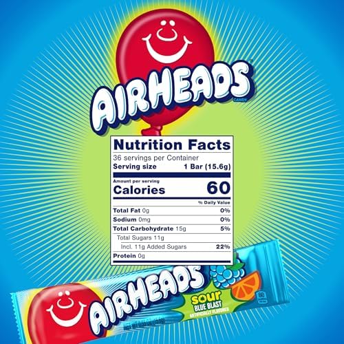Airheads Sour Full-Size Candy Bars, Taffy, Sour Blue Blast, Individually Wrapped Candy, 36 Count