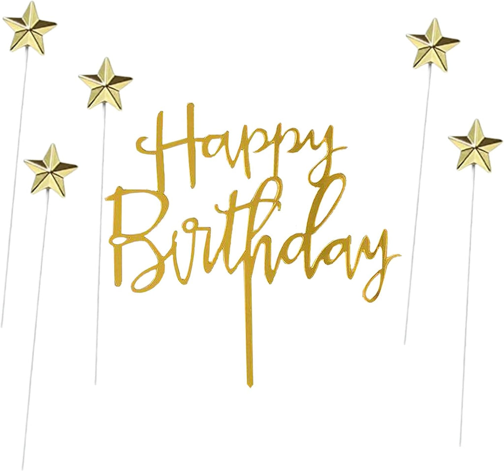 Set of 1 Gold Acrylic Happy birthday Cake Topper, Gold Star Birthday Cake Decoration Birthday Party Decoration Ideas for Children or Adults Various Cake Topper Supplies