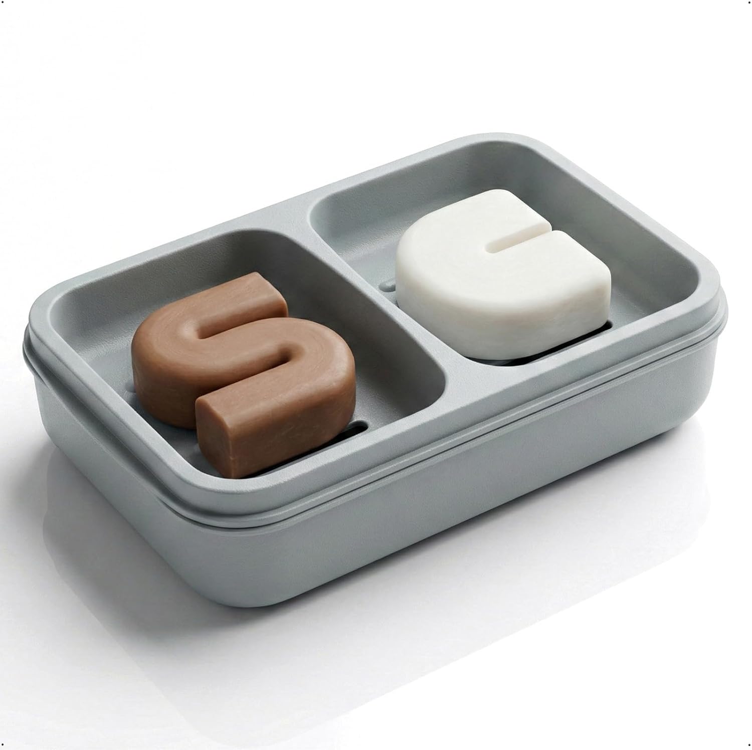 Double Soap Dish, Dual Compartment Soap Holder, Bar Shampoo Holder with Drainage Layer, Soap Tray for Bathroom, Shower, Bathtub (1pc, Gray)
