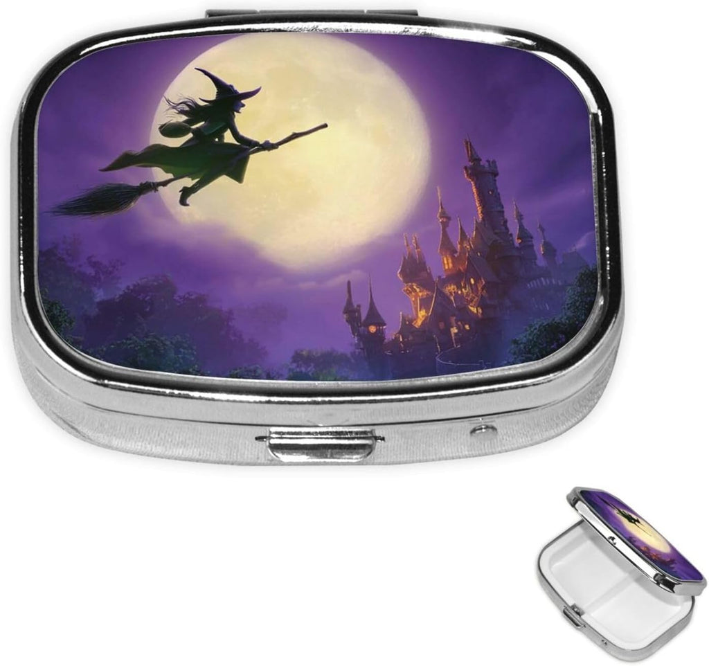 Square Pill Box 2 Compartment Medicine Pill Case Witch Party Halloween Pill Box for Purse Pocket Waterproof Metal Pill Container Portable Pill Holder Mini Pill Organizer for Travel or Daily