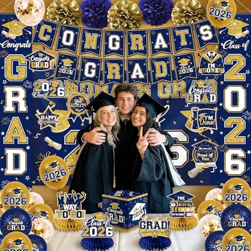 Navy Blue and Gold Graduation Decorations 2026 Set, All-in-1 Kit with Congrats Grad Banner Class of 2026 Backdrop Porch Sign Balloons Centerpieces Card Box Pom Poms Streamers for College High School